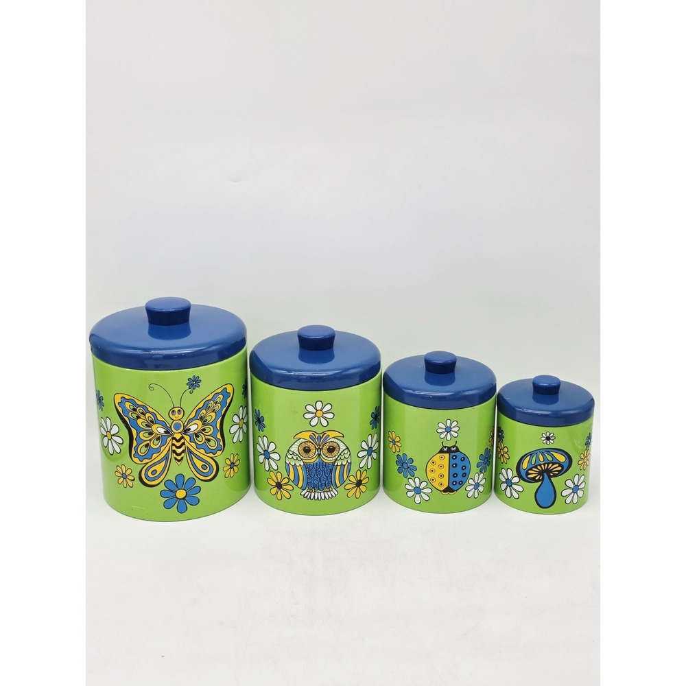 Vtg Groovy Ransburg MCM Canister Set Butterfly Owl Ladybug Mushroom Blue Green